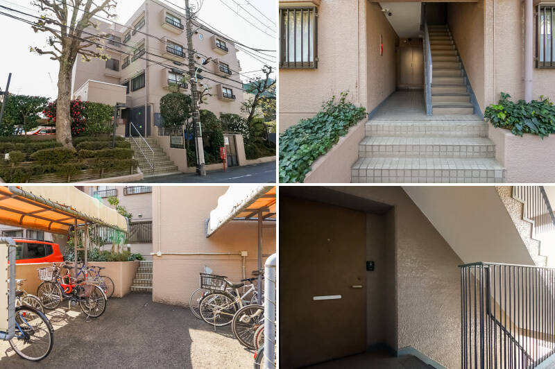 <b>左上・</b>1982年竣工、総戸数24戸のマンション。エントランスのまわりには植栽が植えられ、しっかりとメンテナンスがされている印象でした。／<b>右上・</b>エレベーターの停止階は1階と4階。3階の住戸へは、4階までエレベーターで向かい、1階分は階段を下りる必要があります。／<b>左下</b>・屋根付きの自転車置き場。利用料は月額500円です。／<b>右下・</b>ひとつの階段ごとに2住戸があるタイプなので、プライバシー性に考慮された造りです。