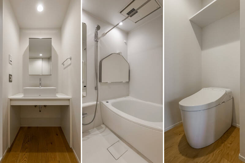 <b>左・</b>ミニマルですっきりとした洗面台。／<b>中央・</b>1216サイズのユニットバス。／<b>右・</b>玄関横の扉からはトイレにアクセス可能です。