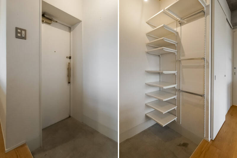 玄関には可動式のオープンシェルフとハンガーポールを設置。靴だけでなく、普段使いのアウターやバッグをこちらに収納しておけば、毎日の身支度が快適になりそうです。