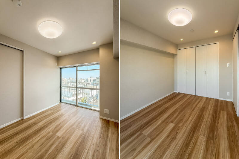 こちらの洋室からも、バルコニーへアクセスできます。折れ戸2枚分の収納が備わっています。