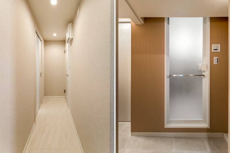 廊下の床は大理石貼りで上品な印象。左手の扉からLDK、右手の扉からは洗面室にアクセスできます。