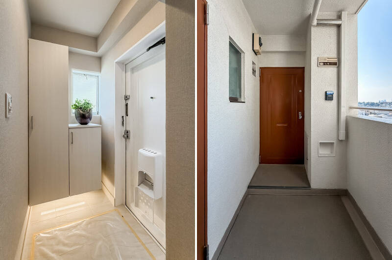 <b>左・</b>廊下同様、土間にも大理石が貼られています。シューズボックスもふたつ備わっていますよ。／<b>右・</b>今回ご紹介した物件は角住戸なので、共用廊下の突き当たりに玄関扉があります。