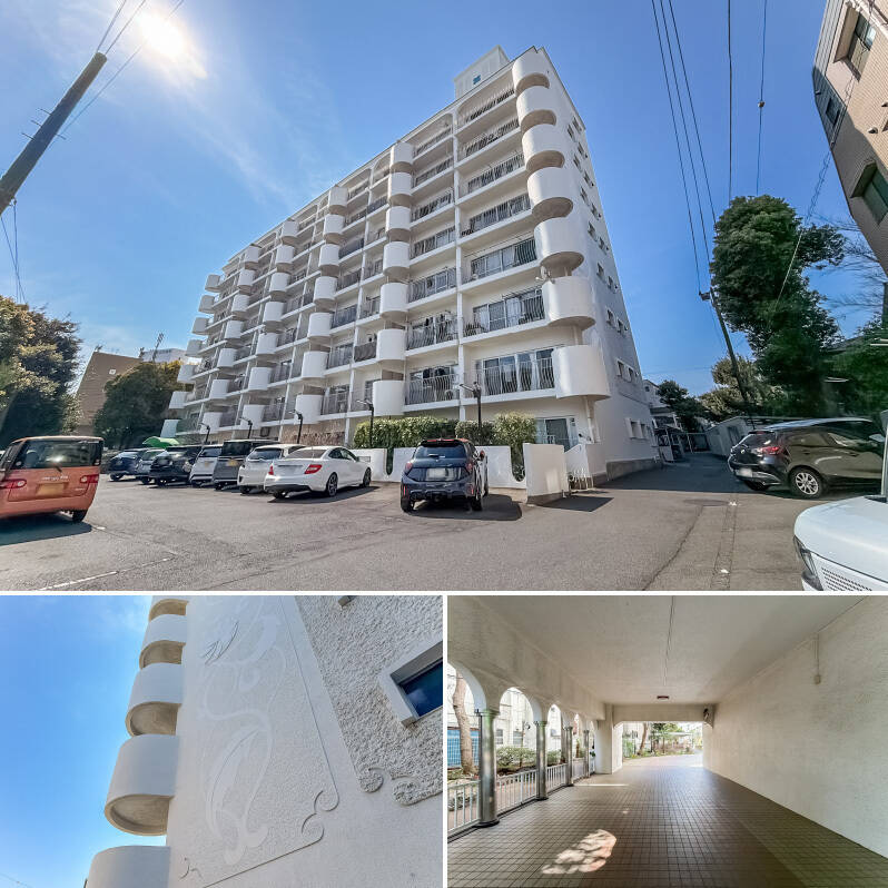 <b>上・</b>1972年竣工、総戸数239戸のマンション。丸みがある構造やバルコニーのフェンスからは、ほどよいレトロを感じられます。／<b>左・</b>外壁には花や植物のレリーフが彫られています。／<b>右・</b>アプローチのアーチ状の柱など、随所にレトロ要素が。