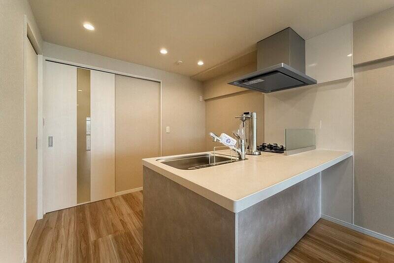 3口コンロ、食洗機、浄水器付き水栓が備わったキッチン。カウンター付きで、配膳する料理はこちらに置いておけますよ。