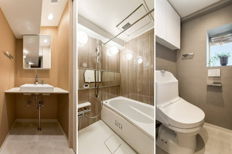 <b>左・</b>ミニマルデザインの洗面台。／<b>中央・</b>1116サイズのコンパクトなユニットバス。／<b>右・</b>洗面台横の扉からトイレにアクセス。小窓付きなので換気ができます。