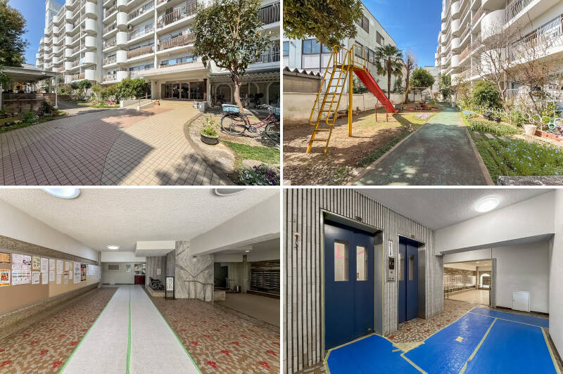 <b>左上・</b>エントランスには、スロープが設置されています。／<b>右上・</b>敷地内には小さな遊具が。気軽にお子さまと遊べる場所があるのはうれしいポイント。／<b>左下・</b>共用ロビーの床はタイル貼り。レトロかわいい要素がここにもありますね！／<b>右下・</b>エレベーターは2基設置されています。