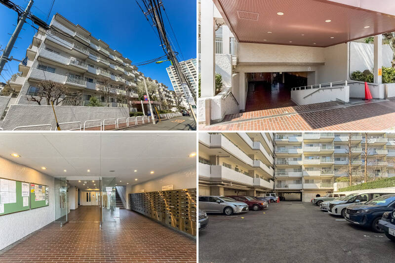 <b>左上・</b>1976年築、総戸数167戸のビッグコミュニティ。中庭を囲うように “ロの字” に建っており、その贅沢な敷地の使い方にうっとり。/<b>右上・</b>エントランスは少し階段を下りた先に。スロープが設けられているのでベビーカーでの移動も大丈夫。/<b>左下・</b>集合ポストの下には宅配ボックスも。エレベーターは2機用意されています。管理人さんは月-土まで長時間勤務されていますよ。/<b>右下・</b>平置き駐車場は2026年3月現在空きあり! 月額25,000-30,000円で利用可能です。最新の空き状況はお問い合わせください。