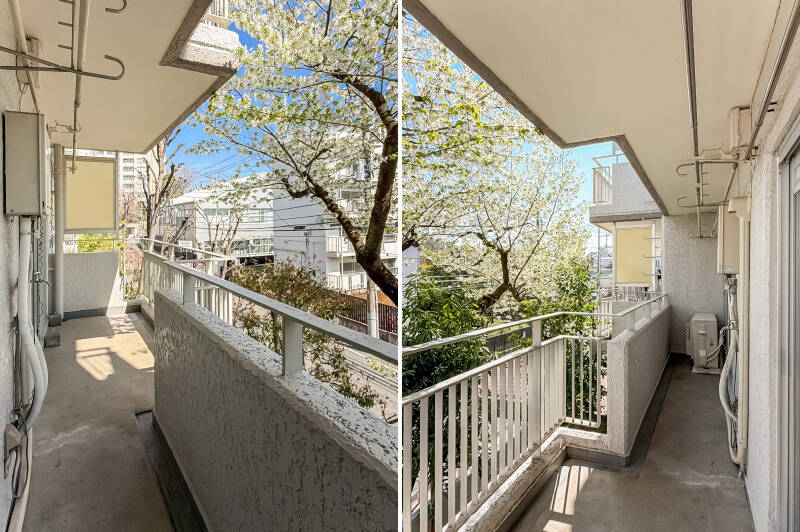 バルコニーは凹凸のある形。給湯器の下に水栓が付いているので、植物の水やりもできますよ。