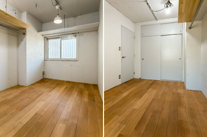 玄関横に位置する約6帖の洋室。押入れのような収納に加えオープンクローゼット、2箇所に吊り棚も。