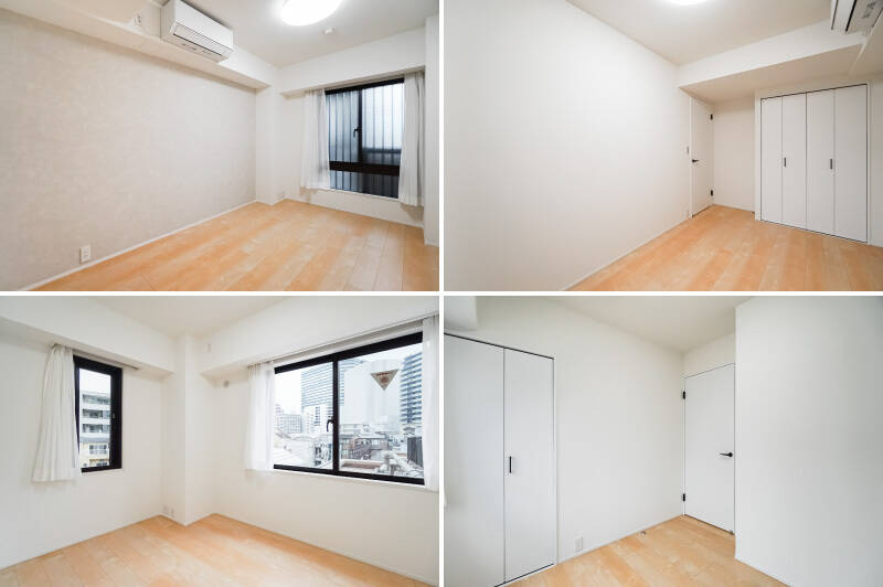 <b>上・</b>約5.6帖の洋室Bには、共用廊下に面した北東向きの窓があります。角住戸のため、窓の向こうを家族以外が通ることはほぼ無さそうですよ。／<b>下・</b>洋室Cは約4.2帖とひとまわりコンパクトですが、外に向かった二面採光なので開放感たっぷりの空間です。