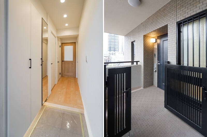 <b>左・</b>ややスリムな横幅の玄関〜廊下。家具などは追加せず、このまますっきりと使うのがおすすめです。／<b>右・</b>住戸の玄関前には、鉄柵で仕切られた専用ポーチが備わっています。