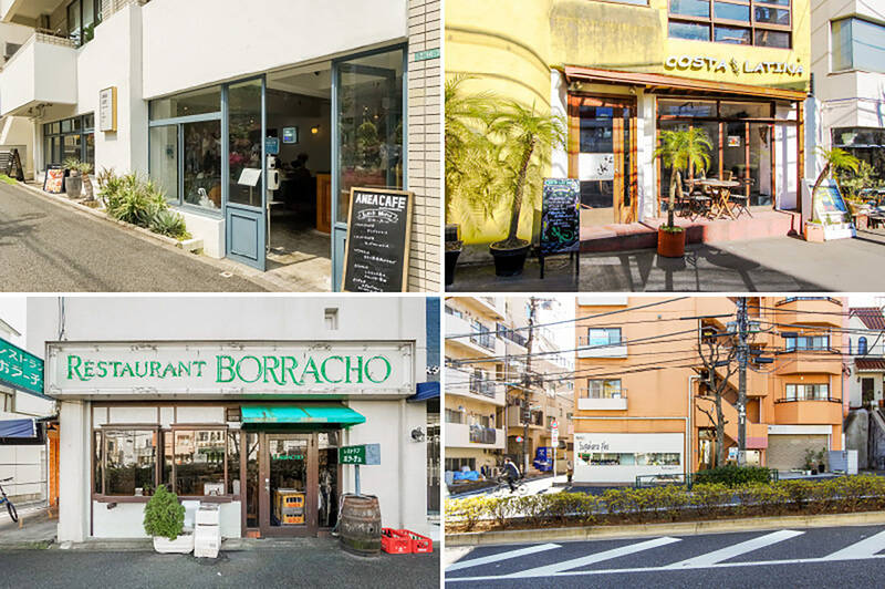 <b>左上・</b>マンション近くの淡島通りには、素敵なカフェやレストランが多数。ペット同伴可能な「ANEA CAFE松見坂」には、野菜たっぷりのヘルシーなメニューが並びます。（徒歩5分）／<b>右上・</b>「COSTA LATINA（コスタ・ラティーナ）」はラテン料理のお店。暑い日に冷たいビールと名物のアサード（南米のバーベキュー料理）に屋上テラスでかぶりついたら、至福の気分に浸れそう。（徒歩6分）／<b>左下・</b>テレビ番組「孤独のグルメ」でも紹介された洋食の老舗「RESTAURANT BORRACHO（レストラン ボラーチョ）」もご近所に。（徒歩3分）／<b>右下・</b>創作ベトナム料理を展開する「Sugahara pho（スガハラ フォー）」。料理に合うお酒も揃っています。（徒歩3分）