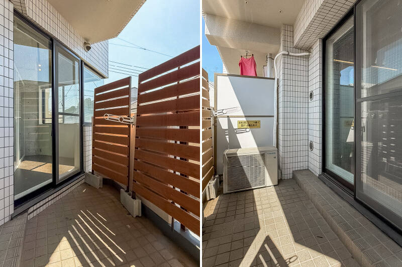 物干し金具が備わったバルコニースペース。正面には戸建てが建っているため、現状は背の高い目隠しを備えています。