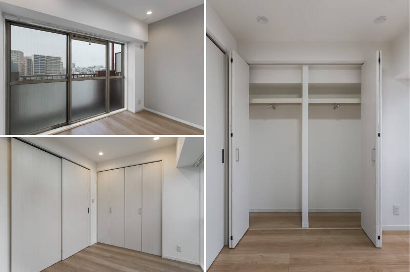洋室は南東向き。窓を覗けば、すぐリバービューです。朝起きてすぐに川を眺めて……想像するだけで清々しい。1日の始まりを気持ちよく迎えられそうです。収納はLDKと同様のものが備わっています。