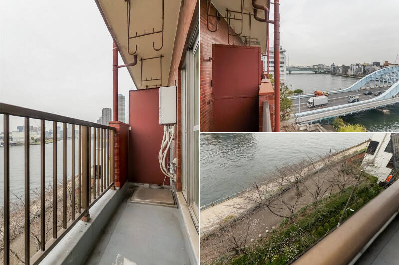 <b>左・</b>吊り金具付きのバルコニー。／<b>右上・</b>左を向くと、「<b>東京スカイツリー</b>」がちらり。「永代橋」とともに夜のライトアップなんかも楽しめそう。／<b>右下・</b>下を向くと、なんと<b>桜</b>が。これから満開を迎えそうな様子です。