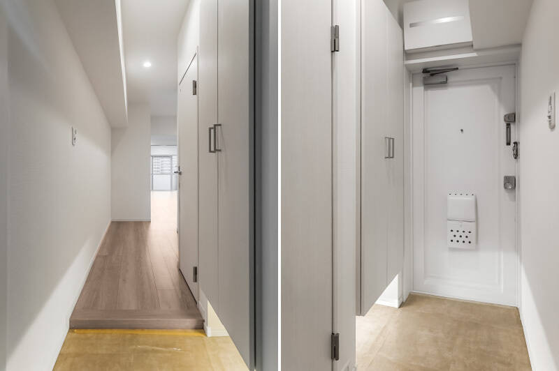 玄関の下足入れには間接照明が仕込まれており、足元を照らしてくれます。