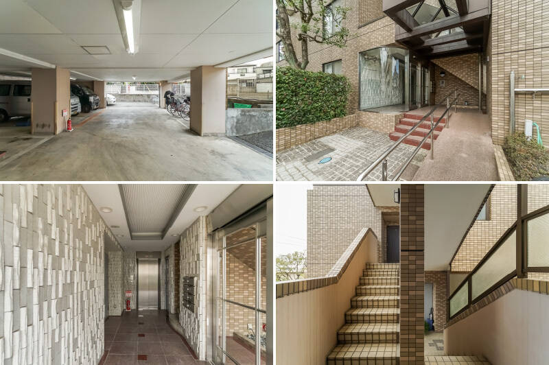 <b>左上・</b>1階にはマンションの駐車場のほか、コインパーキングが併設。/<b>右上・</b>エントランスにはスロープが。窓は清掃されていてピカピカです。/<b>左下・</b>コンパクトなエントランスホール。エレベーターを出てすぐに外に出られるのは、小規模マンションのいいところ。/<b>右下・</b>こちらは玄関前からの一枚。今回の住戸は、エレベーターから半階分、階段を上るか下りる必要があります。