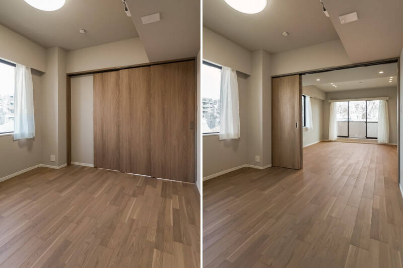 引き戸を閉めれば独立した居室に。開けるとLDの延長として使え、お子さまの遊び場やゲストルームなど、幅広く活用できそうです。
