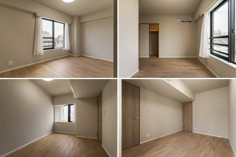 <b>上・</b>約8.5帖の洋室C。L字型の間取りで、ウォークインクローゼット(WIC)が備わっています。撮影時はまだ扉が設置されていない状態でした。/<b>下・</b>広さ約6.9帖の洋室Dにも、WICが設けられています。