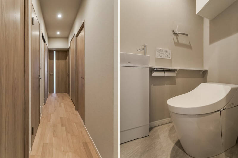 <p><b>左・</b>玄関から望む廊下。水まわりは左手にまとまり、右手には開き戸2枚分の収納があります。/<b>右・</b>トイレはタンクレスで、独立した手洗いカウンター付き。</p>