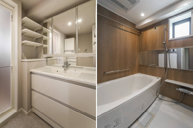 <b>左・</b>洗面室には可動式のオープン棚と、背面に置き型収納があります。/<b>右・</b>バスルームは浴室乾燥機付きで、サイズは1418の十分な広さ。窓が付いているので換気性も◎