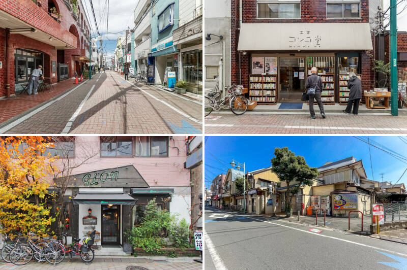 <b>左上・</b>マンションから駅までの通り道となる「松山通り」。魅力的な個人店が豊富で、歩きながらつい立ち寄りたくなってしまいます♪ (徒歩2分)/<b>右上・</b>「松山通り」にある「古書コンコ堂」はセンスの良い古書が揃う気になるスポット。掘り出しものを探して、近くでカフェタイムもいいですよね。(徒歩5分)/<b>左下・</b>レトロでちょっとキッチュな内装の喫茶店「gion(ギオン)」。個性的なナポリタンが人気です。(徒歩10分)/<b>右下・</b>レトロ建築の魅力が詰まった銭湯「玉の湯」へ家族みんなで訪れてみてはいかがでしょうか?(徒歩10分)