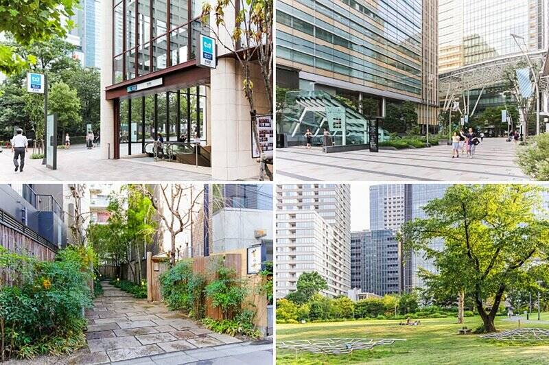 <b>左上・</b>最寄りの東京メトロ千代田線「赤坂」駅（徒歩5分）の近くには、劇場や商業施設などが入っている「赤坂サカス」（徒歩9分）も。／<b>右上・</b>買い物や食事、エンターテインメントまで楽しめる「東京ミッドタウン」は徒歩7分の距離に。／<b>左下・</b>京都の老舗料亭「菊乃井」の東京店。著名人も訪れることで知られる名店。特別な日にぜひ。（徒歩3分）／<b>右下・</b>芝生の広場がある「檜町公園」には、ゴロンと横になり読書する人の姿も。まさに都会のオアシスです。（徒歩4分）
