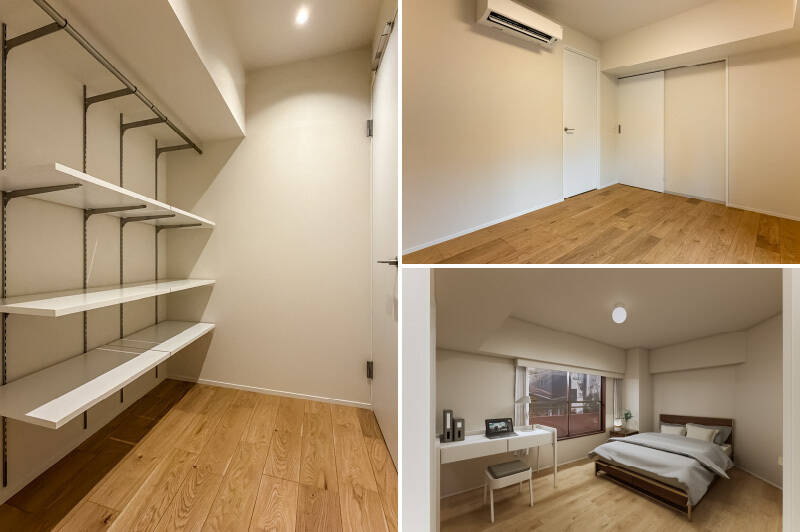 収納として大型のウォークインクローゼット（WIC）を設け、衣類だけでなく季節家電もすっきりと収まるように設計しています。ダブルベッドを置いても余裕のある広さです。（右下・CGイメージ）