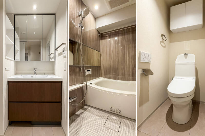 <b>左・</b>シンプルな洗面台。／<b>中央・</b>1216サイズのユニットバス。浴室乾燥機が備わっています。／<b>右・</b>トイレは廊下からアクセスする間取りです。