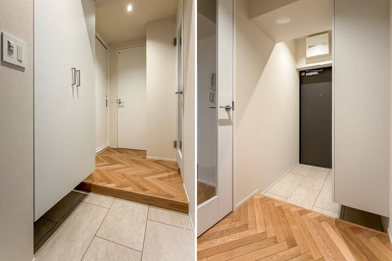 玄関まわりにはトールタイプのシューズボックスを完備。さらに、姿見などを置けそうな余白があります。