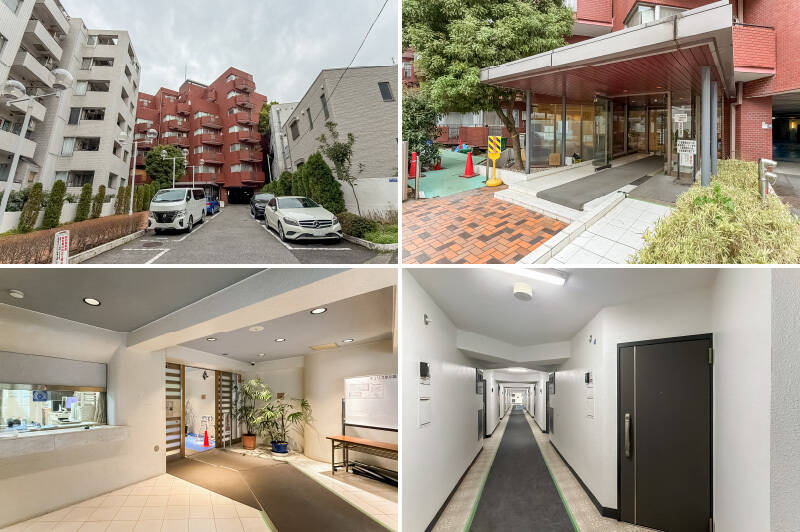 1978年に竣工した、総戸数109戸の大規模マンション。カクカクと雁行した特徴的なフォルムに、赤茶色のタイルが映える味わい深い外観が魅力です。エントランスはオートロック付きで、共用ロビーはきれいに改修済み。