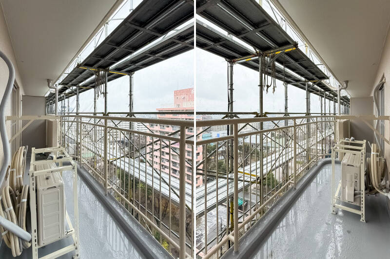 バルコニーは西向き。簡易的な物干し受けが備わっていますが、洗濯物の多いファミリーであれば、別途物干し用具を用意するとよさそうです。