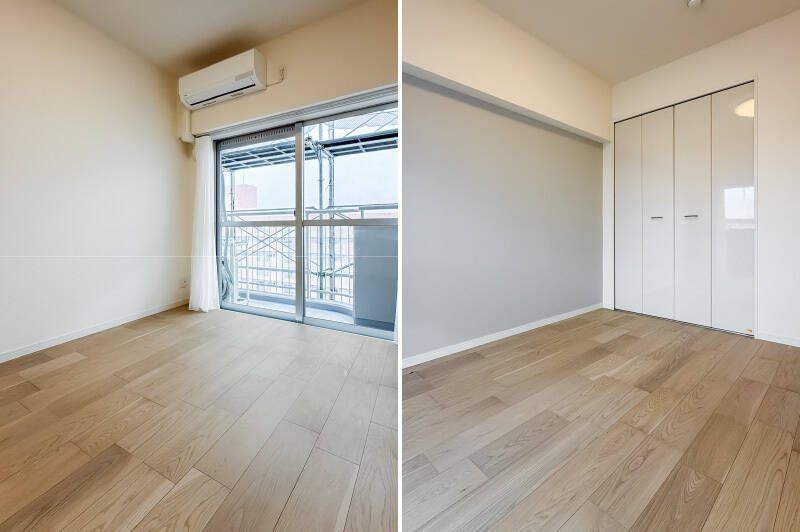 こちらからバルコニーに出ることも可能。グレーのクロスがアクセントになっています。広さは約5.2帖。