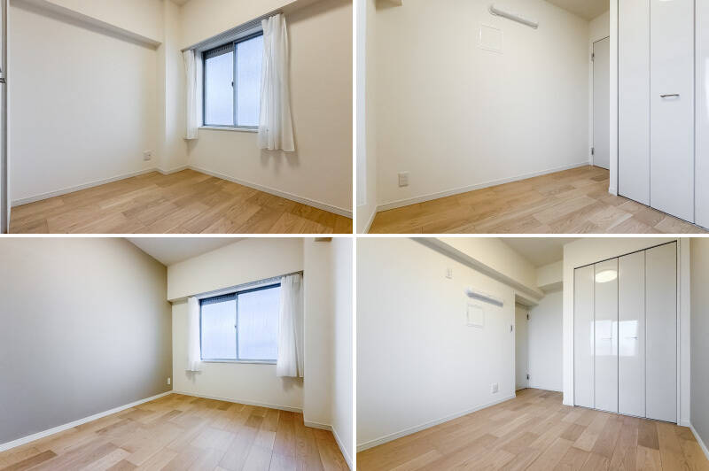 <p><b>上・</b>洋室Cは約3.9帖とコンパクト。東向きで、共用廊下に面しています。／<b>下・</b>約5.6帖の洋室Dは、LDKから最も離れたプライベート性の高い空間です。</p>