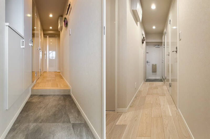 廊下はL字にカクッと曲がっており、ちょうど90度の角にあたる場所にLDKの扉、進み切った突き当たりに洋室Dの扉があります。