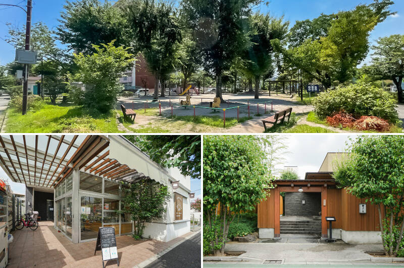 <b>上・</b>マンションの目と鼻の先にある「坂下三丁目第二公園」。（徒歩1分）／<b>左下・</b>おしゃれなベーカリー「grande pierre（グラン ピエール）」には素材にこだわったパンとサンドウィッチがずらり。カフェスペースも利用できますよ。（徒歩13分）／<b>右下・</b>お庭が素敵な日本料理店「よし邑（よしむら）」。記念日やお祝い事にピッタリです。（徒歩12分）