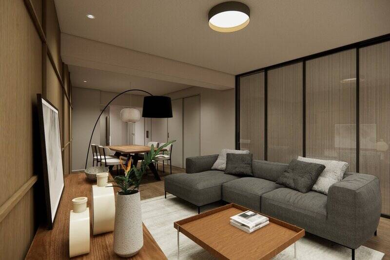 ふたつの洋室はいずれもLDKに隣接。まずは手前のガラス張りの引き戸とカーテンで仕切られた、洋室Aからご紹介します。