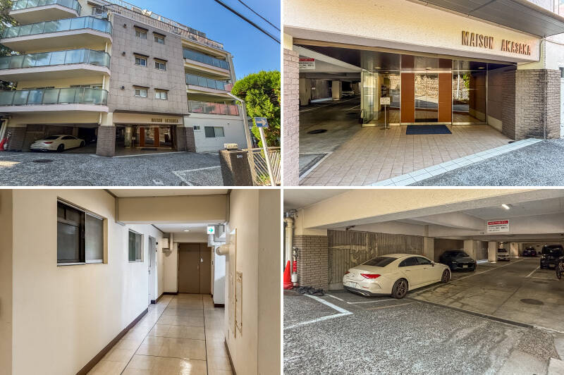 <b>左上・</b>1969年竣工、総戸数42戸。やや勾配のある坂を上った先に現れます。／<b>右上・</b>エントランスは古さを感じさせない印象。中に入ると管理人室があり、管理人さんは月曜日から金曜日の7:30〜15:30、土曜は7:30〜9:30の週6日勤務です。／<b>左下・</b>廊下の奥に見えるのが住戸の玄関です。／<b>右下・</b>駐車場は平置き。2026年3月現在、空きはありますが、最新の状況はお問い合わせください。