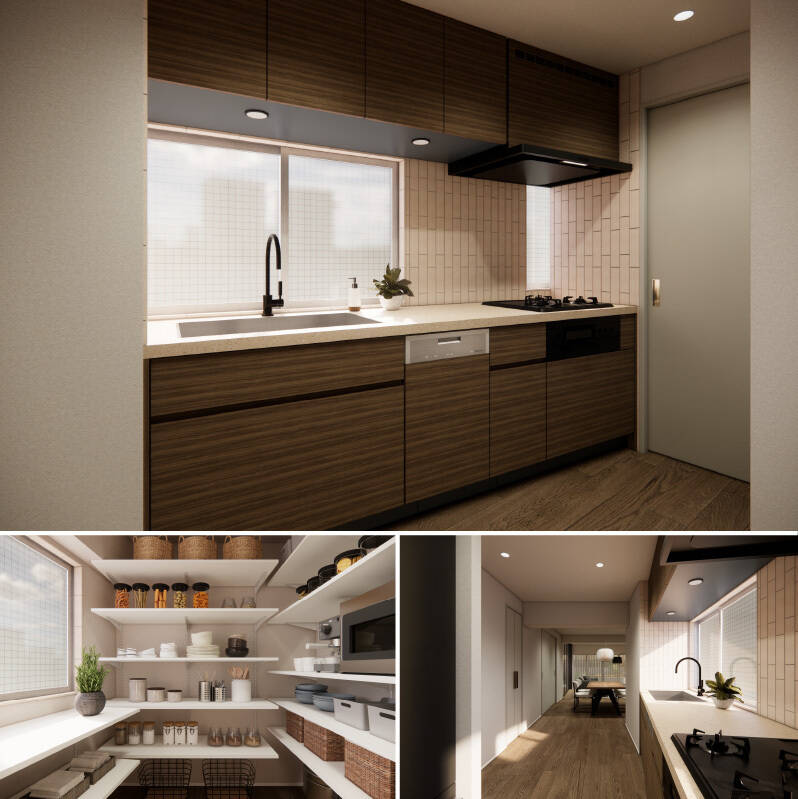 ワイドサイズのキッチンに、食洗機と浄水器一体型水栓を備えます。キッチン横の引き戸を開けると、中には可動棚付きのゆとりあるパントリーが！