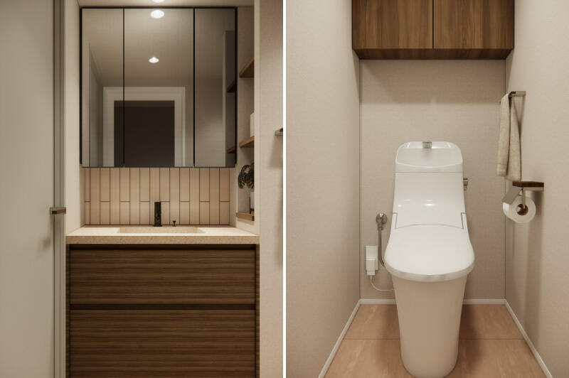 <p><b>左・</b>キッチンとお揃いのタイルを使用する洗面化粧台。統一感のある仕様ですね。／<b>右・</b>トイレは玄関横にあり、廊下から出入りできます。</p>