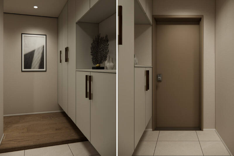 玄関横には壁一面のシューズボックスを完備。全体はグレーやブラウンを基調とした、落ち着いた色味でまとめます。