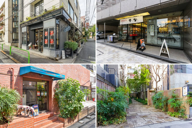 <b>左上・</b>カフェ「JAIME（ジャイム） 」は朝8時からモーニングがいただけます。「檜町公園」へ行く途中にあるので、コーヒーのテイクアウトにも◎（徒歩3分）／<b>右上・</b>赤坂料亭御用達の和菓子屋さん「赤坂 青野」の本店もご近所。あのスティーブ・ジョブスがこちらのファンで、アメリカまでお取り寄せしていたとか……！（徒歩5分）／<b>左下・</b>「Authentic（オーセンティック）」は肉々しく力強いパティが特徴のグルメバーガー店。（徒歩6分）／<b>右下・</b>京都の老舗料亭として有名な「菊乃井」の東京店。特別な日にぜひいかがでしょうか。（徒歩4分）