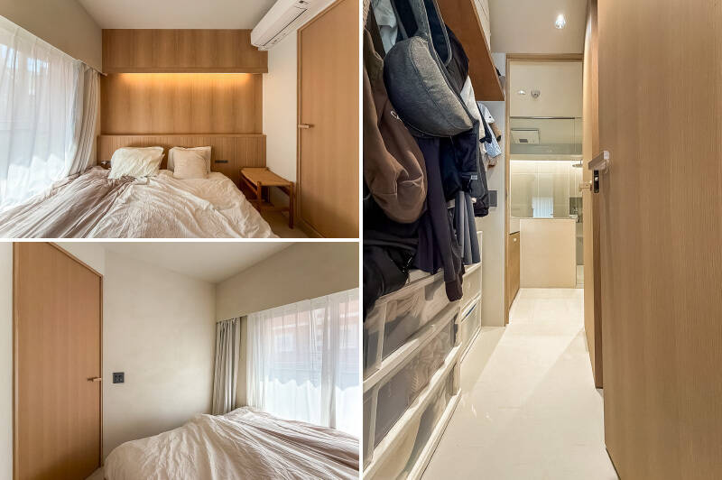 <b>左・</b>約4.5帖の洋室も木目を基調とした空間です。夜はヘッドボードの間接照明の光に包まれながら就寝し、朝は南東側の窓から差し込むあたたかな光が目覚まし代わりに。／<b>右・</b>ウォークスルークローゼット（WTC）は、洋室と洗面室のどちらからもアクセスできる間取り。洗面室で乾燥まで済んだ洗濯物を取り出し、そのままWTCに収納できる動線は、家事効率アップにつながってGOOD！