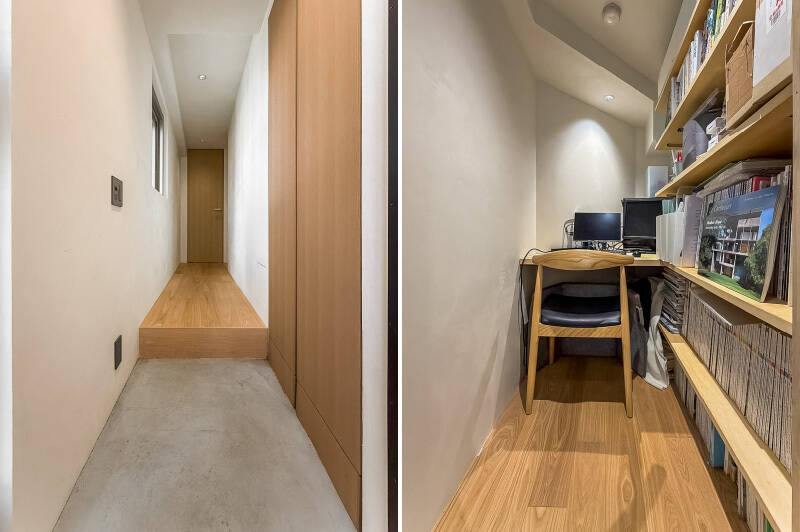 玄関の正面にあるドアの奥は、書斎につながっています。約1.5帖とコンパクトながらも壁面に棚板が設けられているので、本や資料をびっしり収納できるところが◎ リモートワークが捗りそう。