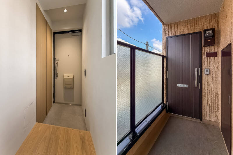 <b>左・</b>玄関にはトールタイプのシューズクローゼットが備わっています。／<b>右・</b>今回ご紹介した住戸前。今度こそ、お邪魔しました！
