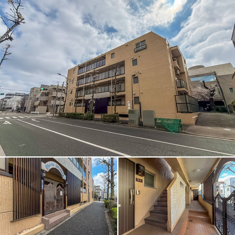 <b>上・</b>東急大井町線「上野毛」駅から徒歩7分に位置する、1981年竣工・総戸数19戸のマンション。「二子玉川」駅も自転車圏内で、利便性◎ ／<b>左下・</b>重厚感のある門扉が設置されたエントランス。／<b>右下・</b>マンション内の共用廊下。一部タイルが施されています。