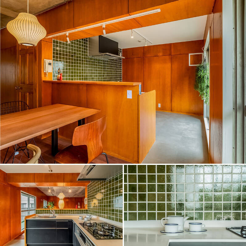 緑色のタイル貼りがアクセントのキッチン。腰壁が立ち上がっており、LDから生活感が見えにくいのはうれしいポイント◎ 3口コンロ、浄水器付き水栓が備わっています。