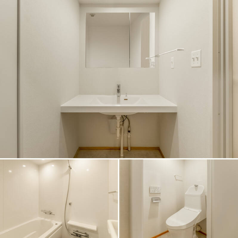 <b>上・</b>幅にゆとりをもたせた、ミニマルな洗面台。／<b>左・</b>シンプルな1216サイズのユニットバス／<b>右・</b>トイレは洗面台左横の扉からアクセスできます。