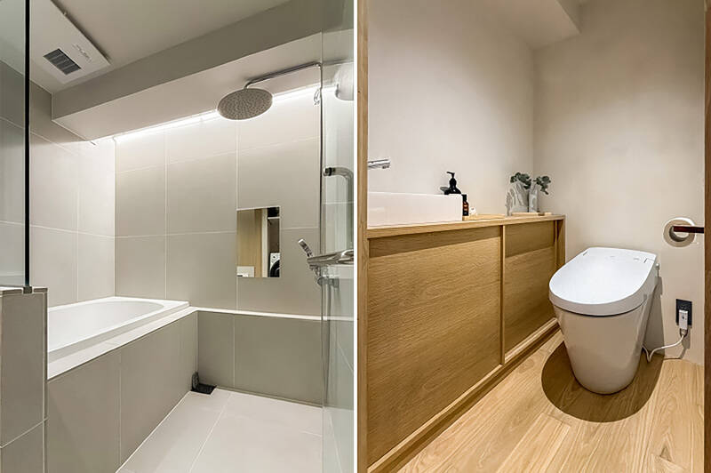 <b>左・</b>浴室は1517サイズで、ややゆとりのある広さ。タイル貼りやオーバーヘッドシャワーからも、まるでホテルのような洗練された雰囲気を感じますね。／<b>右・</b>もちろんトイレも木目に囲まれた空間。手洗いボウル付きです。