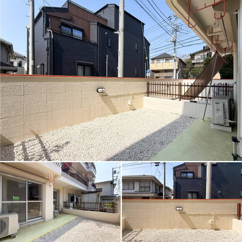 正面はブロック壁、両隣とはフェンスで区切られた空間です。お洗濯物を干す際はご挨拶する機会があるかもしれませんね。